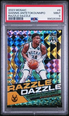 PANINI MOSAIC RAZLE DAZZLE 2023 GIANNIS ANTETOKOUNMPO #6 PSA COMO NUEVO 9 ESTUCHE HIT Foto 1 de 3