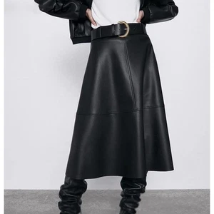 ZARA Faux Leather Midi Skirt Black A Line Panel Seams Casual Women's XS - Picture 1 of 7