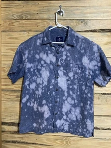 Caribbean Joe Men’s 100% Linen Shirt L Blue Bleach Tie Dye Short Sleeve Casual - Picture 1 of 20