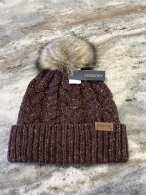 NWT Pendleton Hat Wool Blend Cable Knit Beanie Faux Fur Pom Pom O/S Burgundy - Image 1 of 4