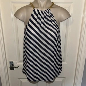 S Blue And White Striped Sleeveless Top With Gold Chain Straps By Michael Kors - Picture 1 of 6