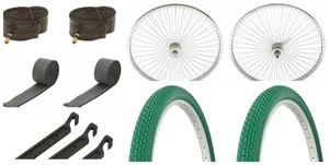 Bike 26" Chrome 144 Spoke Front and Back Coaster Wheel & two Tire Green ,Tube - Picture 1 of 1