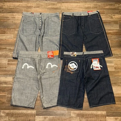 Vintage Evisu Jean Shorts Men Sz 44 Blue Denim Jorts Embroidered ReversibleY2K - Image 1 of 4