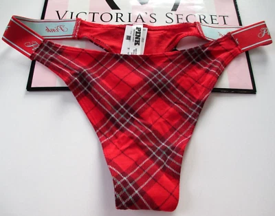VICTORIA'S SECRET PINK Cotton High Leg Thong Panty VS Red Plaid S M L Logo NWT - Image 1 of 4