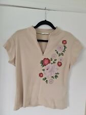 M&S Beige Floral V Neck T Shirt Size 16 Glitter Summer Top 90'S 00'S