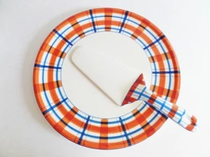 Vintage Takito Kuchenteller und Servierer rot orange blau kariert Japan handbemalt - Bild 1 von 8