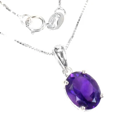925 Argento Sterling Ovale Ametista 10x8mm Finto Zirconia Cubica Collana 45.7cm - Immagine 1 di 4