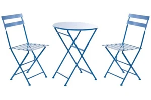 TAVOLO PIEGHEVOLE CON SEDIE DA GIARDINO BALCONE IN METALLO SET 3 PEZZI AZZURRO - Foto 1 di 4