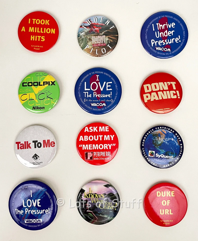 Assortment of Pin Back Buttons From Tech & Computer Shows 1990s 12 Total - Image 1 of 1