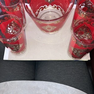 Starlyte Culver Rot & 24K Gold Barock Medaillon Cocktail Eiskübel & 4 Gläser - Bild 1 von 9