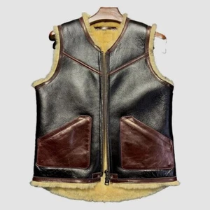 Men's Black B3 RAF Vest - Real Sheepskin Leather Motorcycle Fur Vest, New Style - Picture 1 of 3
