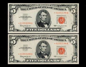 ⭐️$5 1963 Red Seal United States Note STAR UNC X 2 Sequentially Numbered #164 - Picture 1 of 2