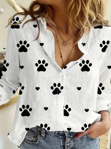 Women's 8/10 Medium Dog Paw Print Textured Cotton Linen Top Shirt Collared - Picture 1 of 8