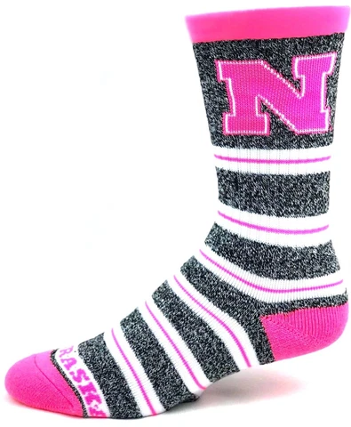 Nebraska Cornhuskers Gray Marbled Pink Melange Stripe Crew Socks Cover
