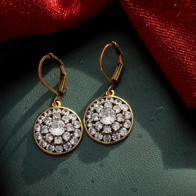 Orecchini Dorato Invecchiato Dormeuse Stile Arte Deco Disco Incastonato Cz SB8 - Immagine 1 di 4