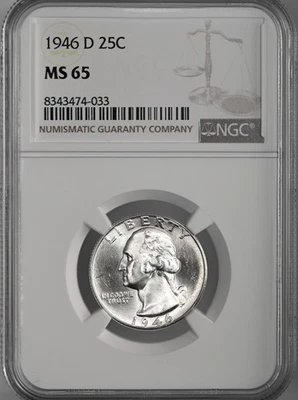 1946-D  25C WASHINGTON SILVER QUARTER "DENVER MINT" NGC MS65 #8343474-033 - Image 1 of 4