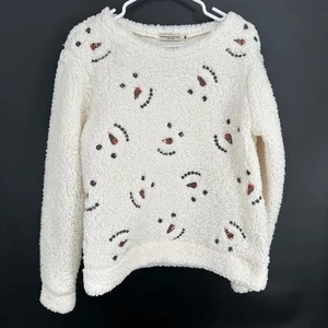 Chance Or Fate White Fleece Sweater Sherpa Womens M Snowman Face Embroidered - Picture 1 of 5
