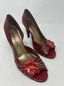 Bellini High Heel Open Toe Pumps Metallic RED with Flower, Size 7M, EUC - Picture 1 of 9