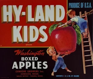 Hy-Land Kids Marca Washington Manzanas Original Vintage Años 50 Etiqueta Fruta - Imagen 1 de 3