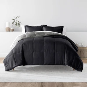 Black and Fog Microfiber down Alternative Twin/Twin XL Reversible Comforter Set - Picture 1 of 6