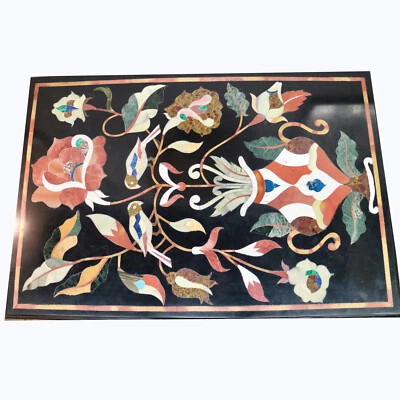 36" x 24" Black Table Top Inlay multi stones Marquetry Handcrafted Work - Image 1 of 3