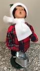 RARE Byers Choice 2005 10" Boy in Plaid Jacket Holding Silver Metal Bucket