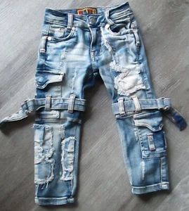 ELITE PREMIUM DENIM BABY TODDLER JEANS SZ 2-3 BLEACH OUT/FRAY/STRAPS SKINNY - Picture 1 of 4