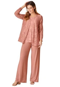 Woman Within Plus Size Petite 3-Piece Lace Jacket/Tank/Pant Set - 26 W, Navy - Picture 1 of 8