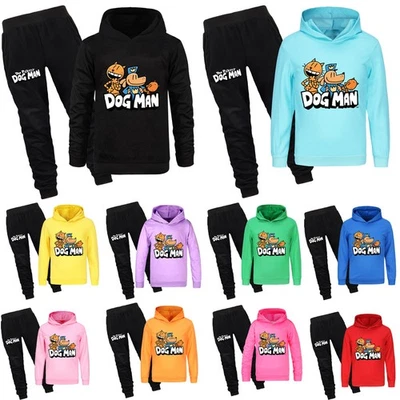 Kids World Book Day DOG MAN Hoodie Tracksuit Set Boys Girl Hooded Top Pants Suit