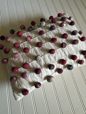 Pottery Barn Christmas Plaid Pom Pom Lumbar Pillow With Feather Insert 12x16 - Image 1 of 4