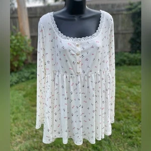 Y2K babydoll floral top size 3XL lace trim long sleeves ribbed stretch romantic - Picture 1 of 12