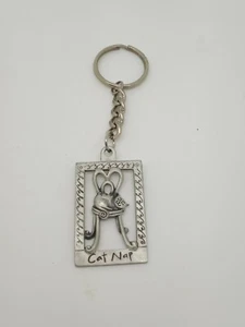 1996 Vintage  PEWTER Cat Sleeping chair Signed Seagull Canada Keychain Key Fob - Picture 1 of 4