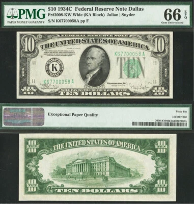 1934C $10 Federal Reserve Note - PMG 66EPQ - Dallas Wide - Fr 2008-KW - Image 1 of 3