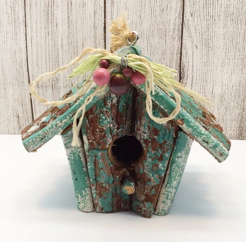 🔴 Vintage Chippy Wood Teal Blue Green Hanging Bird House Decorated on Front Cover