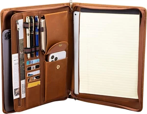 Handmade Crazy-Horse Leather Padfolio Portfolio, Easy to Carry with a Zippered C - Picture 1 of 7