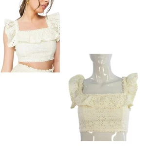 Miss Selfridge Blouse Crop Top Broderie Anglaise Cutwork Ruffle Yellow Size UK 8 - Picture 1 of 15