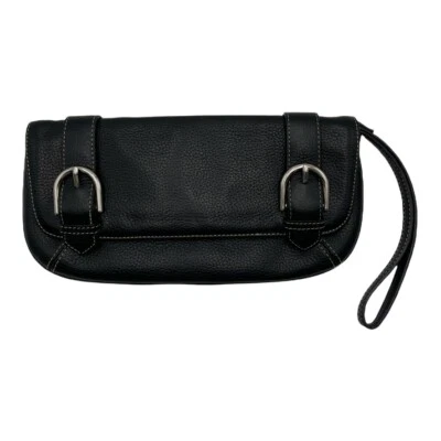 Ann Taylor Wristlet 钱包/袋黑色皮革双扣银色 — 第 1/4 张图片