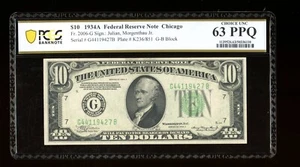 DBR 1934-A $10 FRN Chicago Fr. 2006-G PCGS-B 63 PPQ Serial G44119427B - Picture 1 of 2