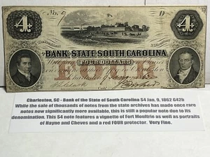 1862 Bank of State South Carolina Fort Sumter Four Dollar Note #9 Serial Number! - Picture 1 of 4