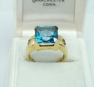 14k Gold Princess Swiss 6ct Blue Topaz & Citrine RING S 6 Ladies 3 Stone Signet - Picture 1 of 8
