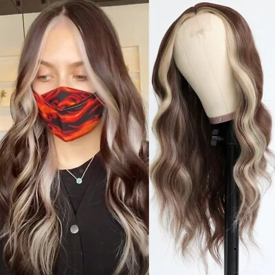 Pelucas de encaje sintético rubio marrón ombre largas onduladas reflejos cabello resistente al calor Foto 1 de 4