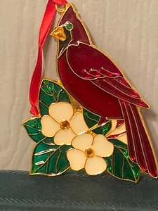 Vintage Stained Glass Acrylic Cardinal Dogwood on Perch Flowers Suncatcher 5x4” - Picture 1 of 2