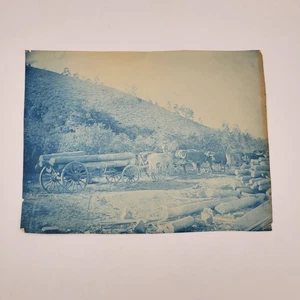 Antique Cyanotype Western Photo Mining Operation 8x6 Occupational Log Ox Train - Picture 1 of 3