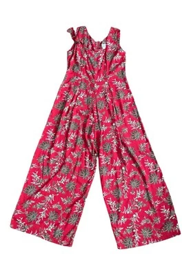 90s Jeffrey & Dara Vintage Tropical floral Palazzo Wide Leg Jumpsuit 14 red boho - Image 1 of 4