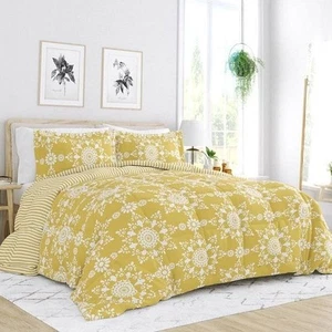 Full/Queen size 3-Piece Yellow White Reversible Floral Striped Comforter Set - Picture 1 of 3