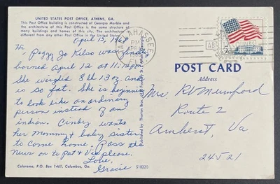 Tallahassee, Florida Post Card - mailed Apr 16, 1968, to Amherst, VA - FL - Image 1 of 2