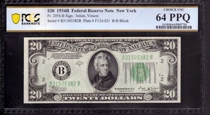 1934 B $20 FEDERAL RESERVE NOTE NEW YORK FR.2056-B PCGS B CHOICE UNC CU 64 PPQ - Picture 1 of 2