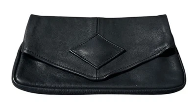 Vintage Black Leather Fold Over Top Clutch Handbag Purse Minimalist Style Bag - Image 1 of 4