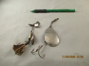 2 Vintage Fishing Lures J T Buel 1 Arrow, 1 Kidney Spinners New York used good - Picture 1 of 5
