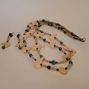 Collar y pendientes fetiche oso polar hueso bovino tallado turquesa plata de ley - Imagen 1 de 24